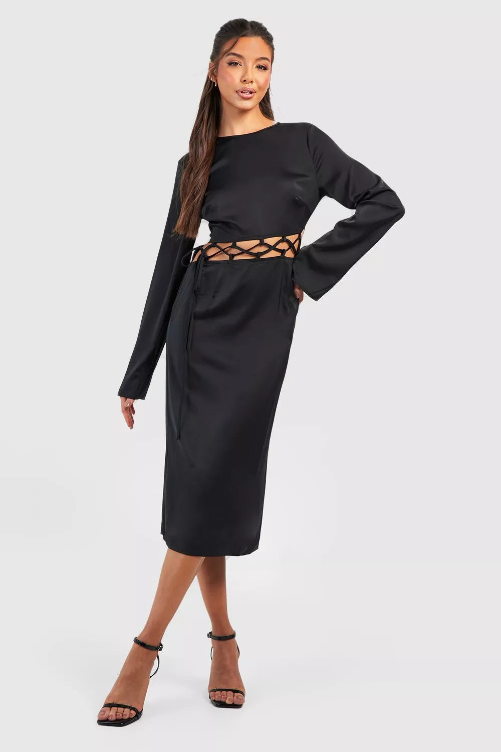 Boohoo Black Satin Lace Up Midi Women Dress – Stockpoint Apparel Outlet
