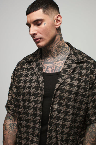Boohoo Tall Charcoal Oversized Dogtooth Boucle Boxy Mens Shirt