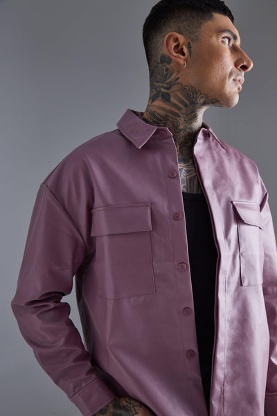 Boohoo Mauve Pu Boxy Oversized Long Sleeve Mens Shirt