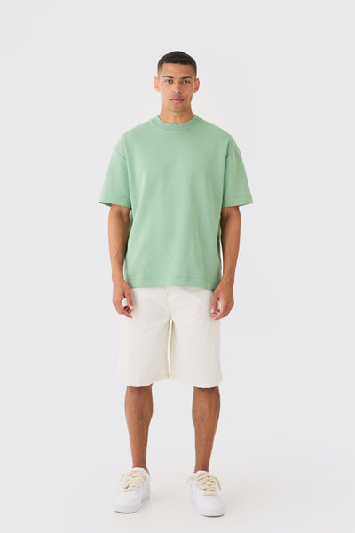 Boohoo Man Green Oversized Extended Neck Heavy Interlock Mens T-Shirt