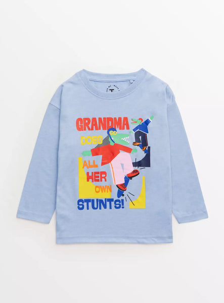 Tu Blue Grandma Print Long Sleeve Younger Boys T-Shirt