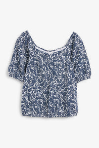 Next Navy Leaf Bubble Hem Womens Top - Stockpoint Apparel Outlet