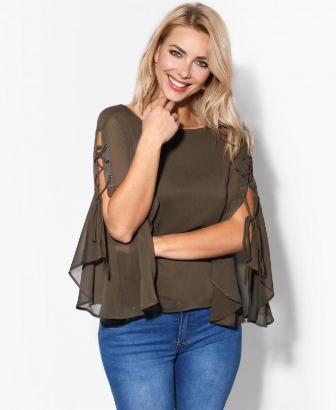 Topshop Womens Eyelet Lace Up Flute Sleeve Chiffon Top