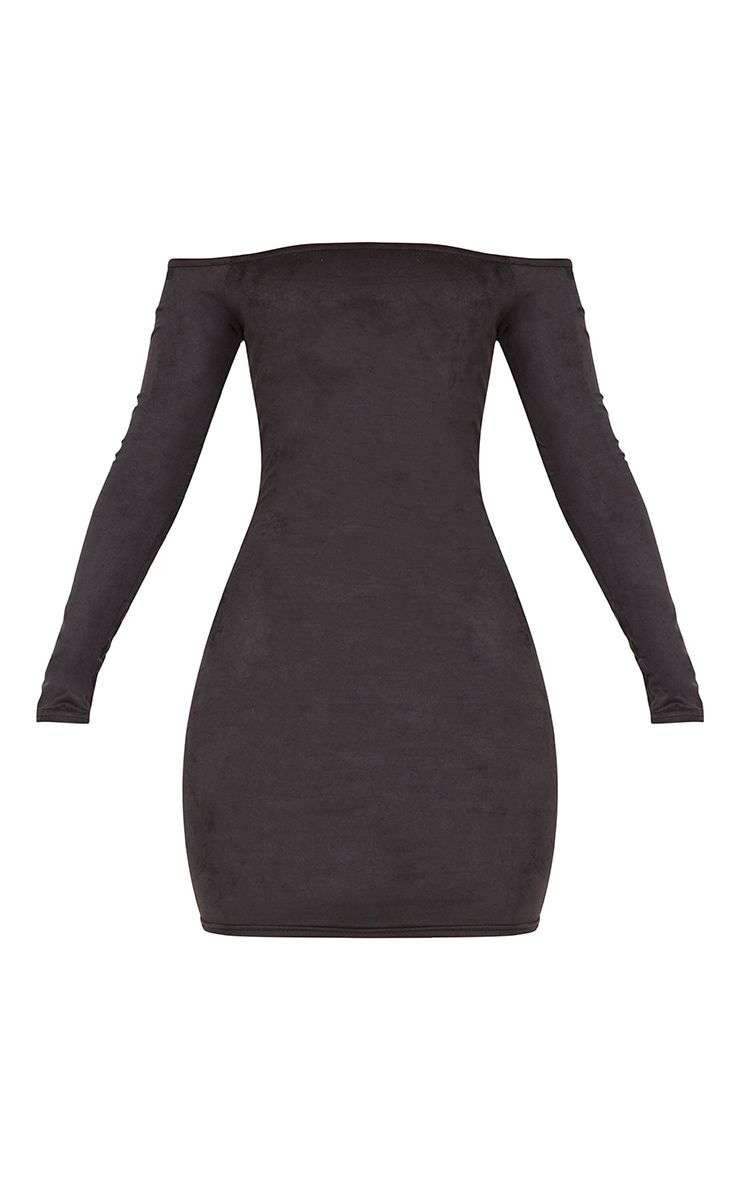PrettyLittleThing Womens Violla Black Suede Bardot Long Sleeve Bodycon Dress - Stockpoint Apparel Outlet