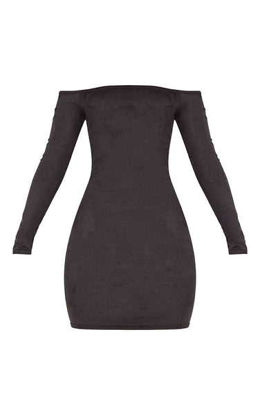 PrettyLittleThing Womens Violla Black Suede Bardot Long Sleeve Bodycon Dress - Stockpoint Apparel Outlet