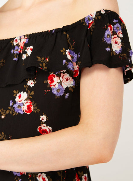 Miss Selfridge Womens Black Floral Print Bardot Skater Dress - Stockpoint Apparel Outlet