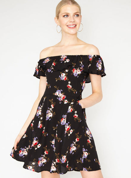 Miss Selfridge Womens Black Floral Print Bardot Skater Dress - Stockpoint Apparel Outlet