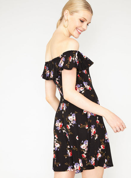 Miss Selfridge Womens Black Floral Print Bardot Skater Dress - Stockpoint Apparel Outlet
