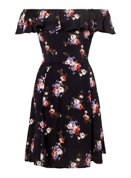Miss Selfridge Womens Black Floral Print Bardot Skater Dress - Stockpoint Apparel Outlet