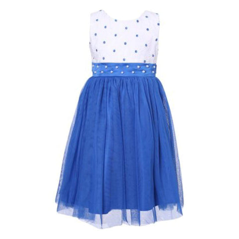 Richie House Younger Girls White & Blue Pearl Sash Overlay Dress