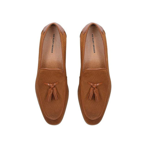 Kurt Geiger Buster Tan Suede Mens Tassel Loafers - Stockpoint Apparel Outlet