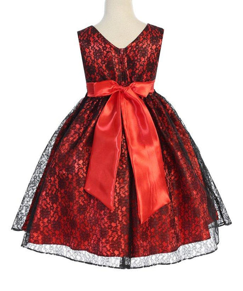 Ellie Kids Red Rhinestone Accent Lace Overlay Younger Girls Dress - Stockpoint Apparel Outlet