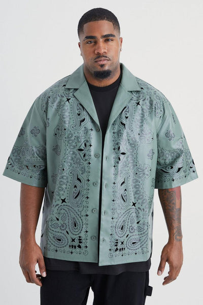 BoohooMan Khaki Dropped Pu Printed Bandana Mens Shirt