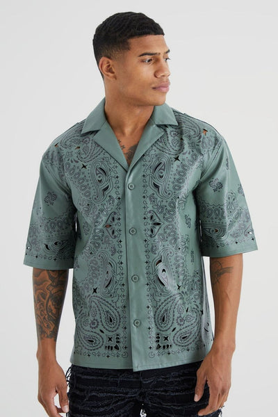 BoohooMan Khaki Dropped Pu Printed Bandana Mens Shirt