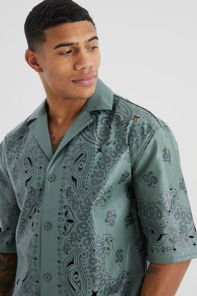 BoohooMan Khaki Dropped Pu Printed Bandana Mens Shirt