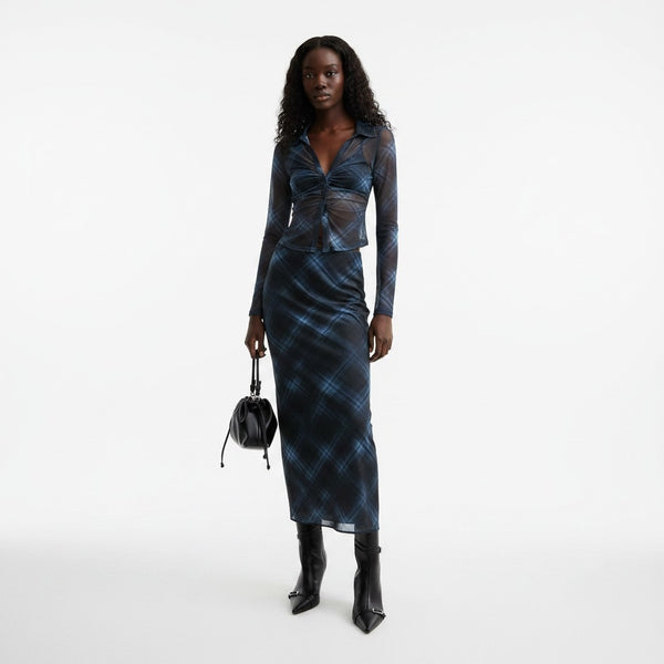 New Look Navy Check Print Womens Mesh Top