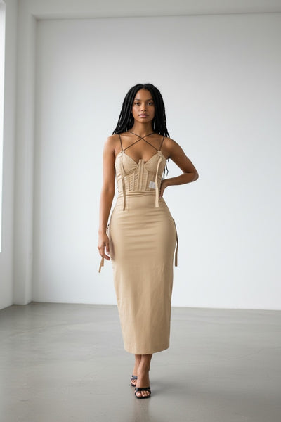 PrettyLittleThing Stone Corset Detail Cargo Midaxi Womens Dress