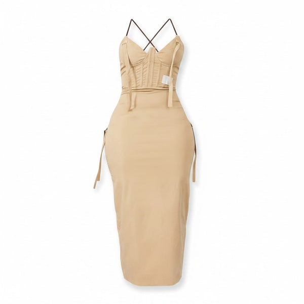 PrettyLittleThing Stone Corset Detail Cargo Midaxi Womens Dress