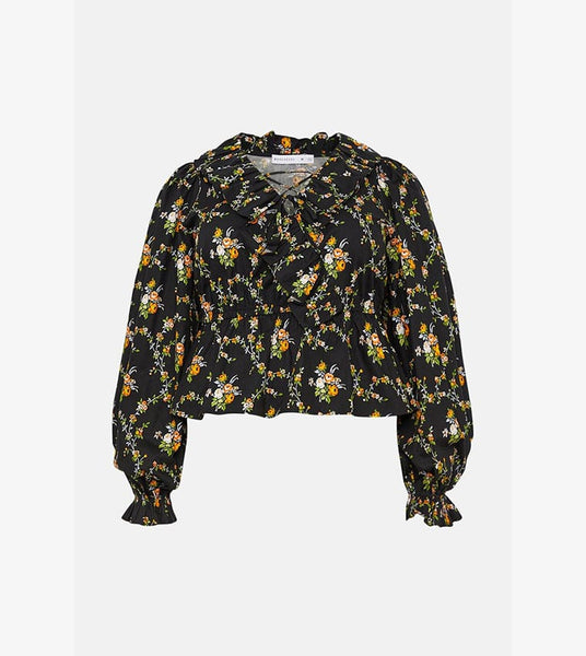 Warehouse Black Petite Floral Ruffle Detail Lace Up Womens Blouse
