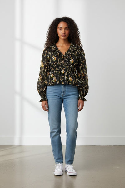Warehouse Black Petite Floral Ruffle Detail Lace Up Womens Blouse