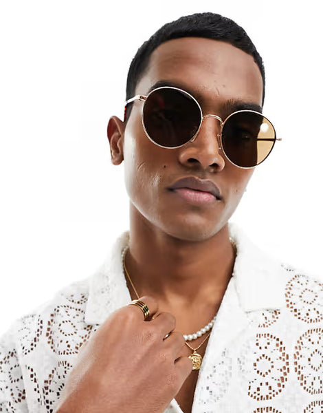 New Look Gold Round Metal Mens Sunglasses
