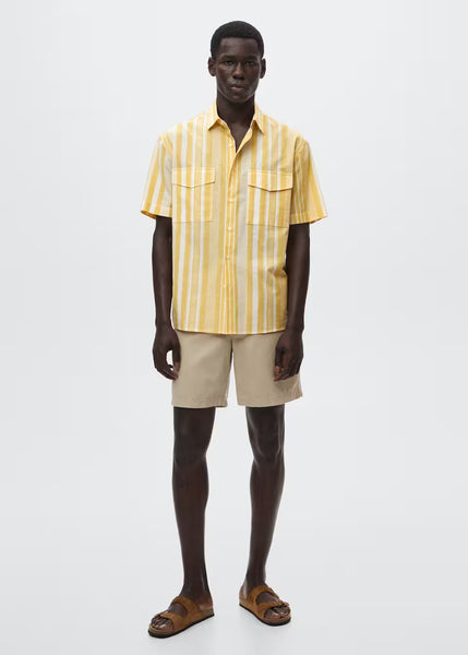 Mango Yellow Striped Cotton Linen Mens Shirt