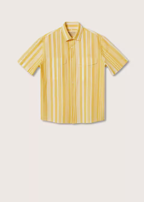 Mango Yellow Striped Cotton Linen Mens Shirt