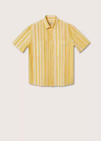 Mango Yellow Striped Cotton Linen Mens Shirt