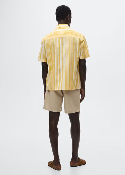 Mango Yellow Striped Cotton Linen Mens Shirt