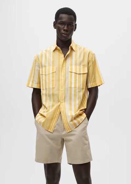 Mango Yellow Striped Cotton Linen Mens Shirt