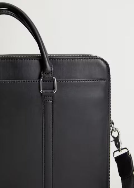 Mango Zip-Pockets Pebbled Black Tote Mens Briefcase