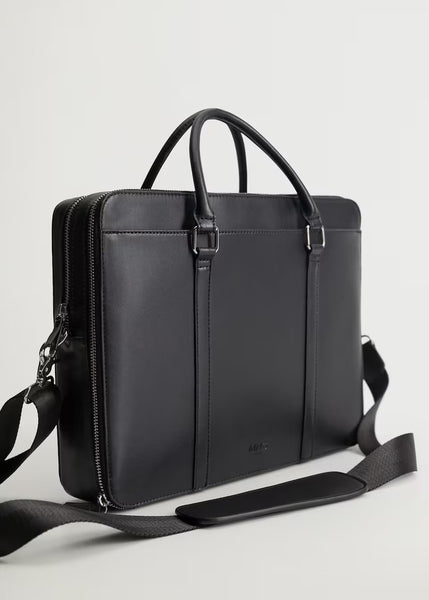 Mango Zip-Pockets Pebbled Black Tote Mens Briefcase