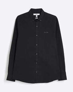 River Island Black Muscle Fit Textured Embroidery Mens Shirt