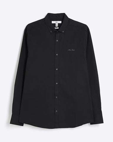 River Island Black Muscle Fit Textured Embroidery Mens Shirt