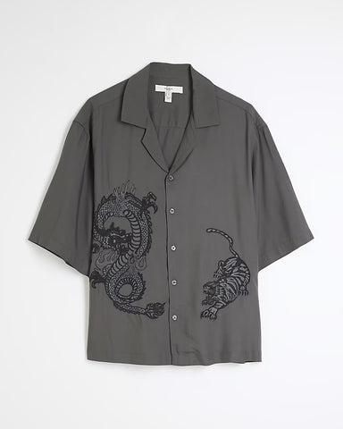 River Island Grey Regular Fit Dragon Embroidery Mens Shirt
