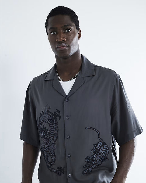 River Island Grey Regular Fit Dragon Embroidery Mens Shirt