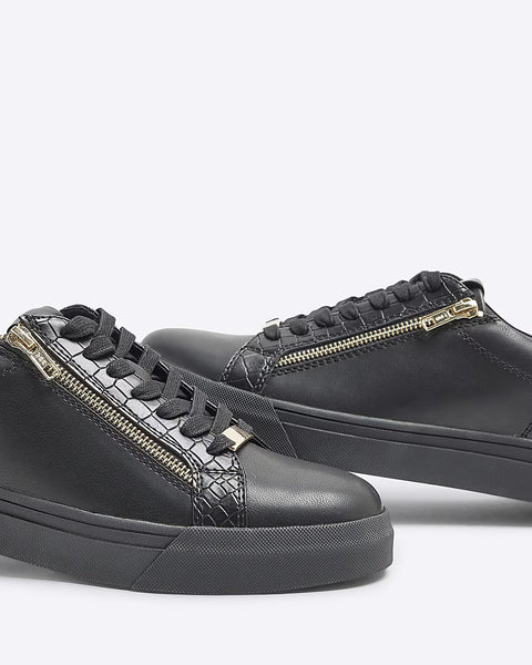 River Island Black Croc Zipped Lace Up Mens Trainers