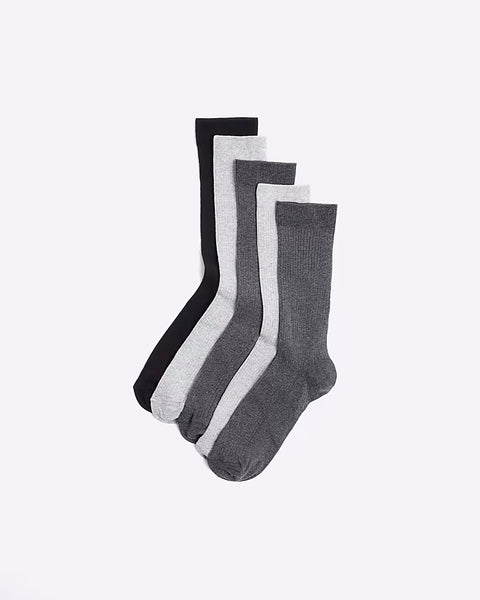 River Island Grey 5 Pack Ribbed Ankle Mens Socks