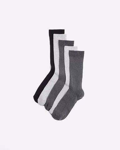 River Island Grey 5 Pack Ribbed Ankle Mens Socks
