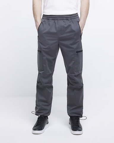 River Island Grey Regular Fit Zip Pocket Cargo Mens Trousers