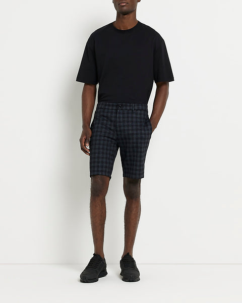 River Island Navy Skinny Fit Check Mens Shorts