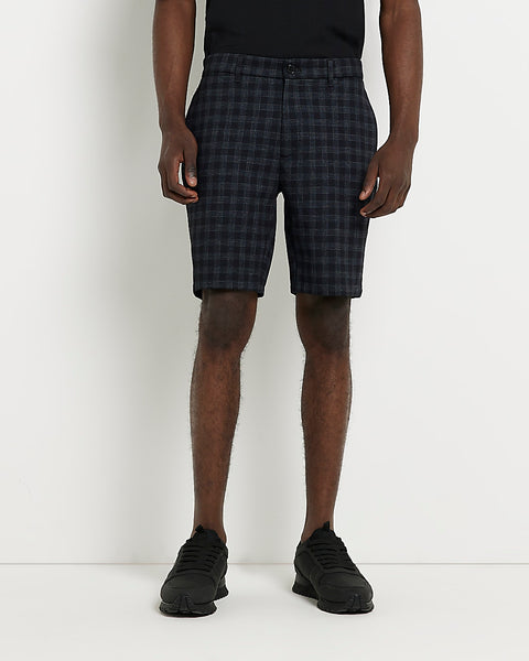 River Island Navy Skinny Fit Check Mens Shorts