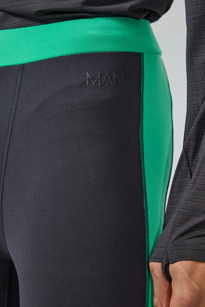 BoohooMAN Green Active Colour Block Base Layer Mens Leggings