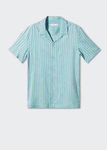 Mango Aqua Green Regular Fit Striped Bowling Mens Shirt