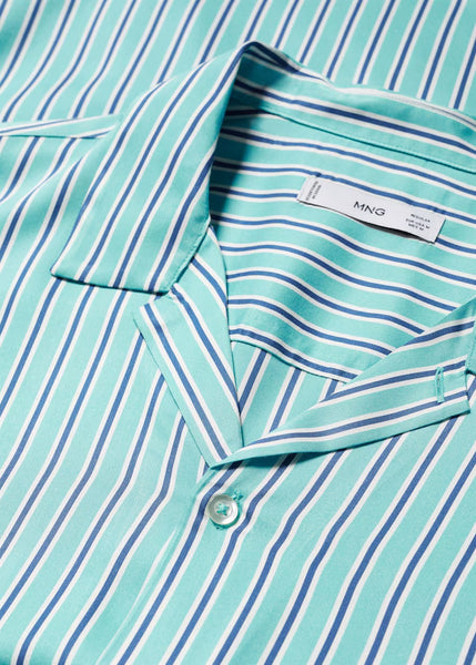 Mango Aqua Green Regular Fit Striped Bowling Mens Shirt