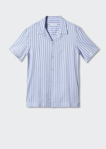 Mango Blue Regular Fit Striped Bowling Mens Shirt