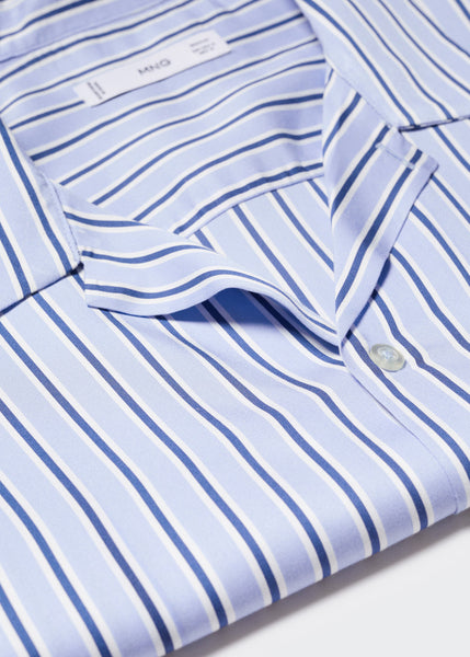 Mango Blue Regular Fit Striped Bowling Mens Shirt