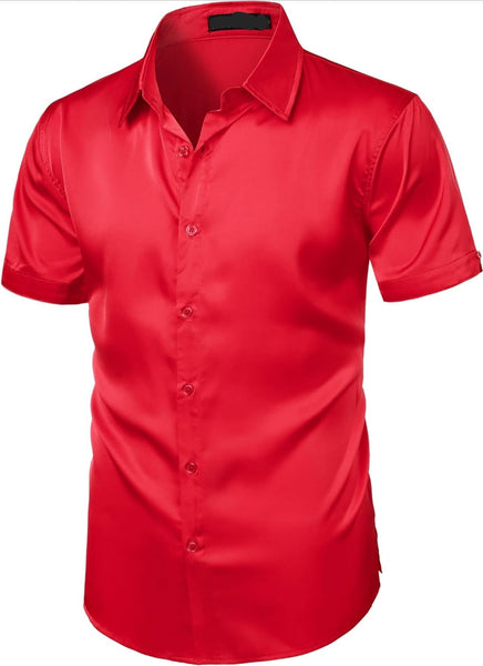 Zeroyaa Red Shiny Satin Short Sleeve Mens Shirt