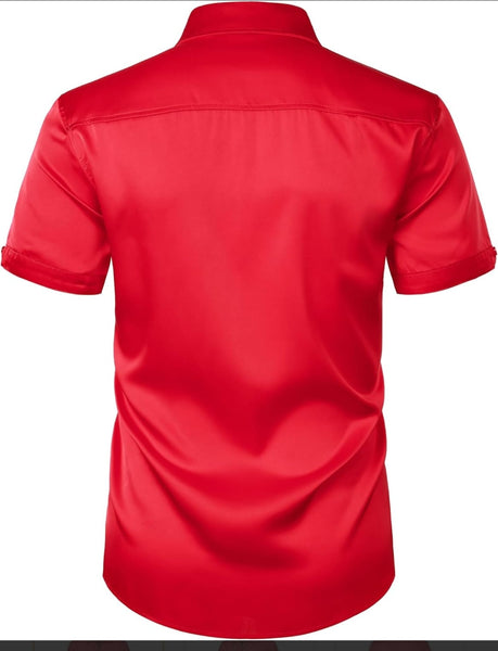 Zeroyaa Red Shiny Satin Short Sleeve Mens Shirt