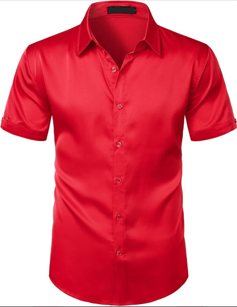 Zeroyaa Red Shiny Satin Short Sleeve Mens Shirt